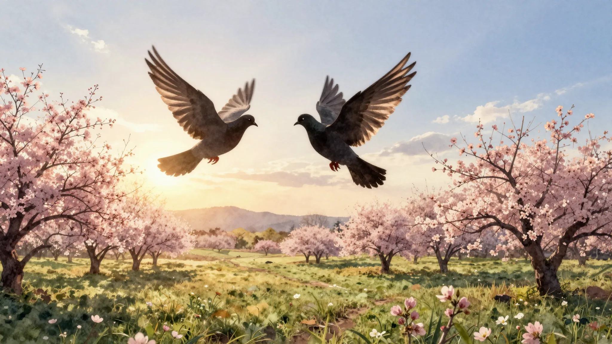 Watercolor style. Silhouette of a flying dove over a bloomin...