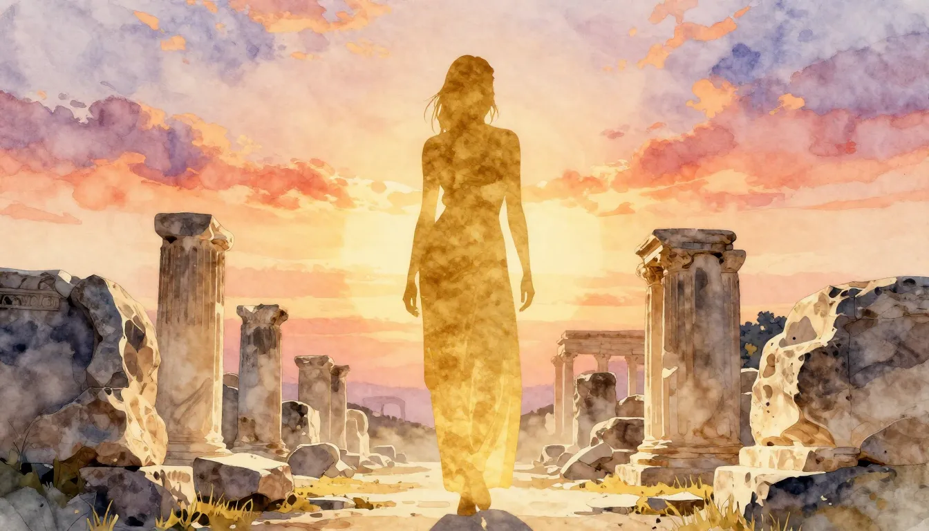 Watercolor style. A golden silhouette of a woman standing am...