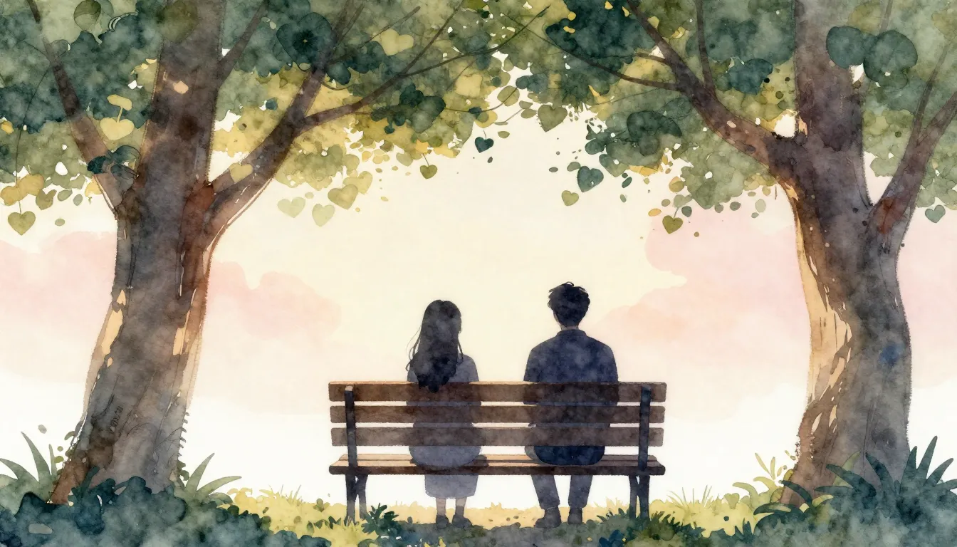 Watercolor style. Two stylized silhouettes sitting on a benc...