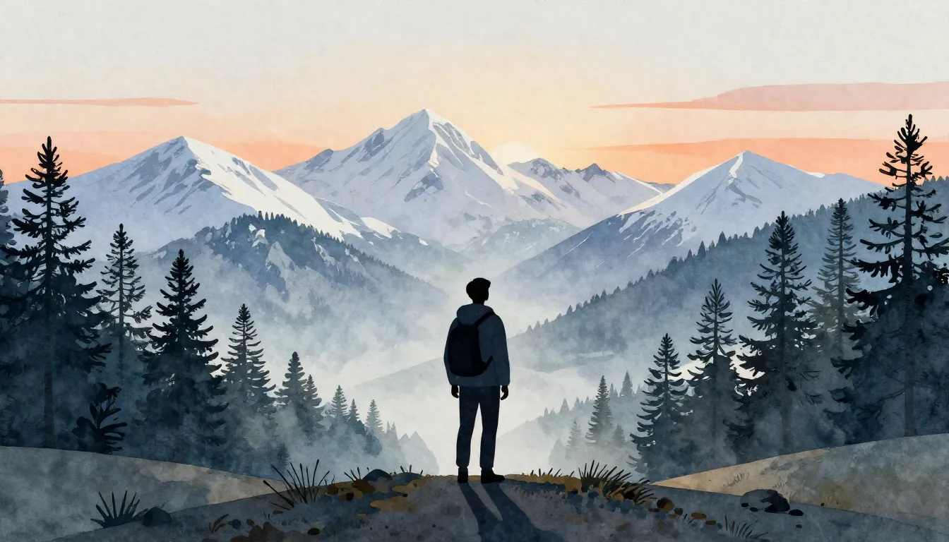 Watercolor style. A stylized silhouette of a traveler standi...