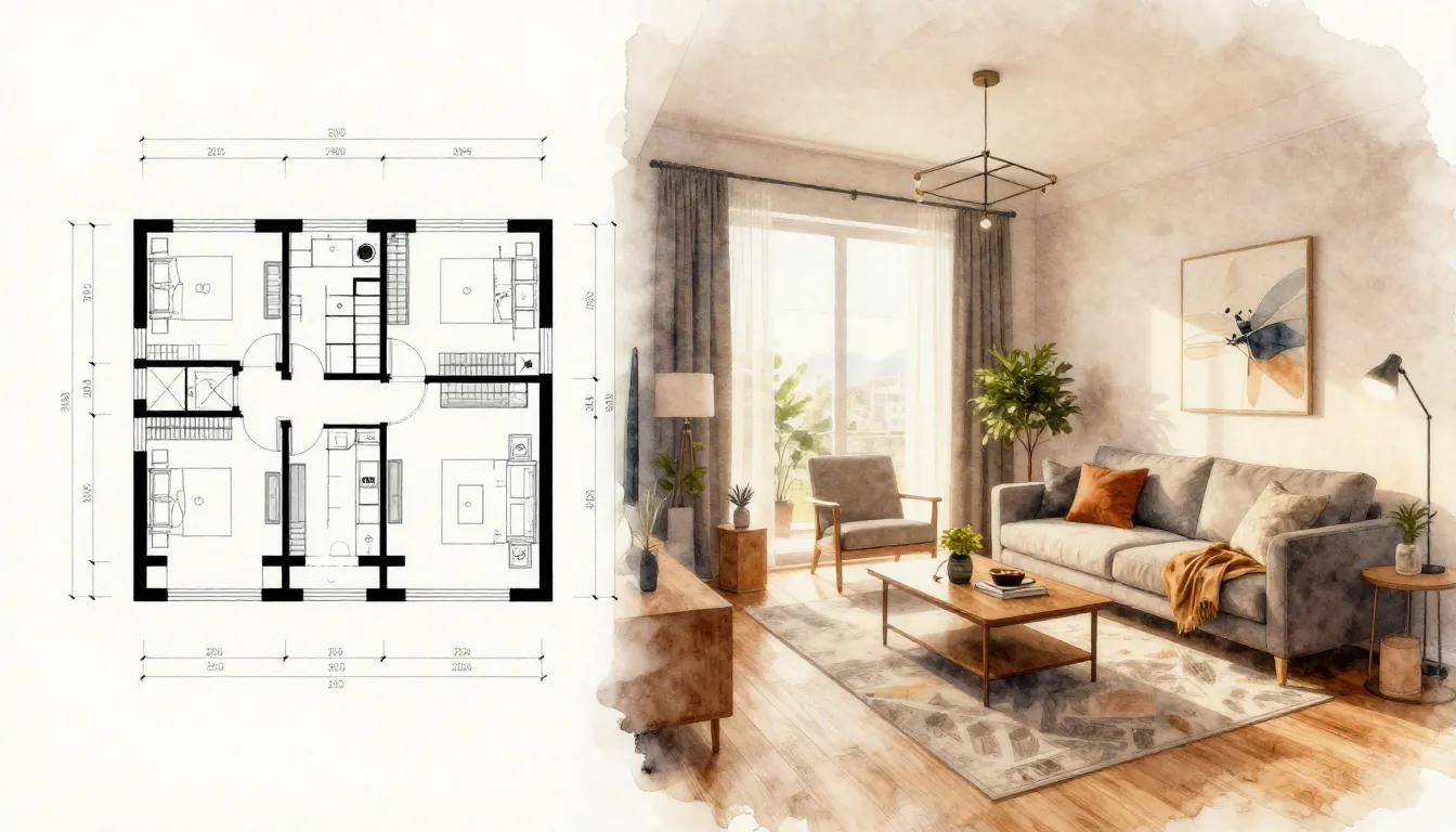 Watercolor style. Modern cozy apartment interior, split view...