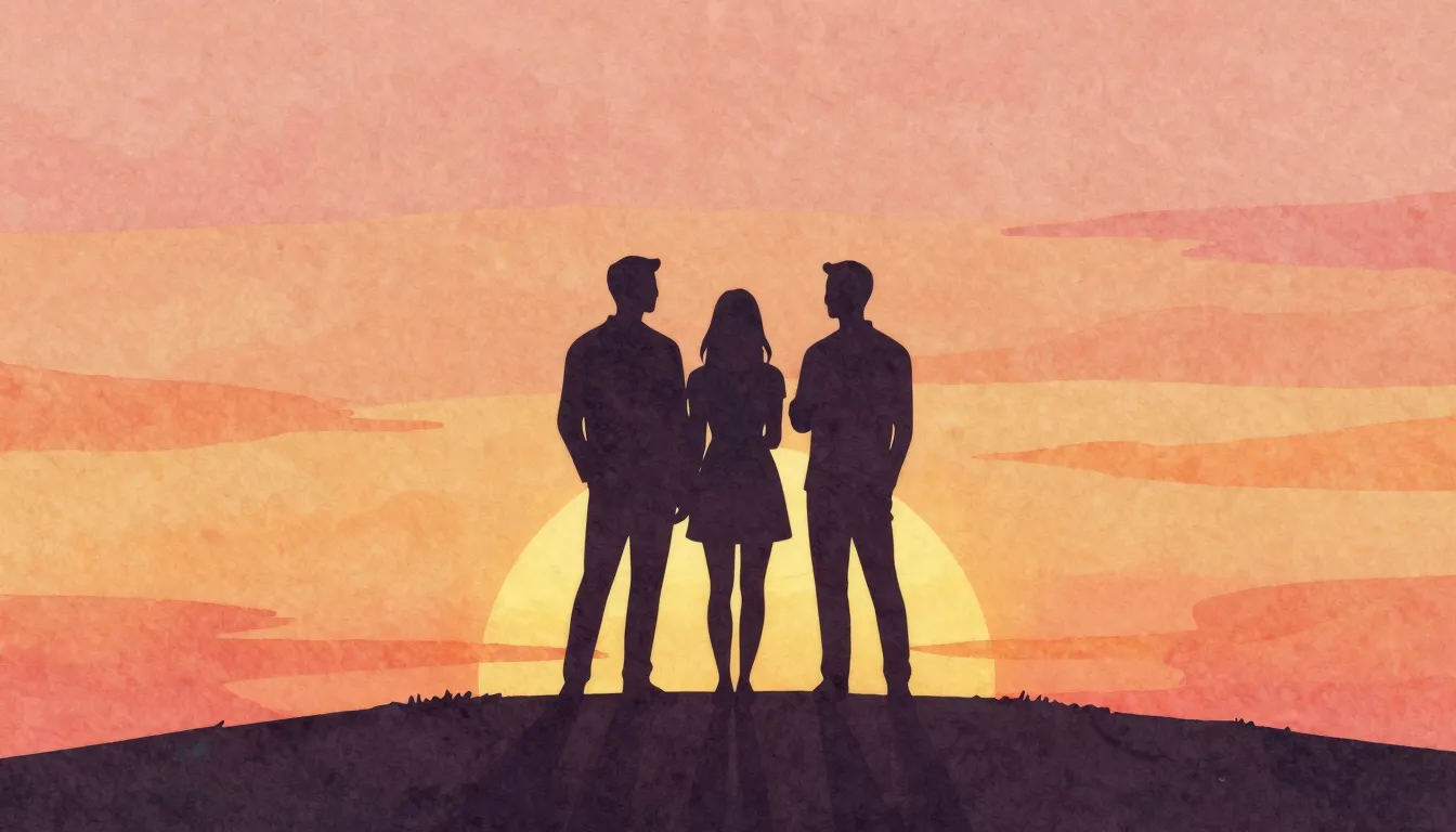 Watercolor style. Three abstract silhouettes stand together ...