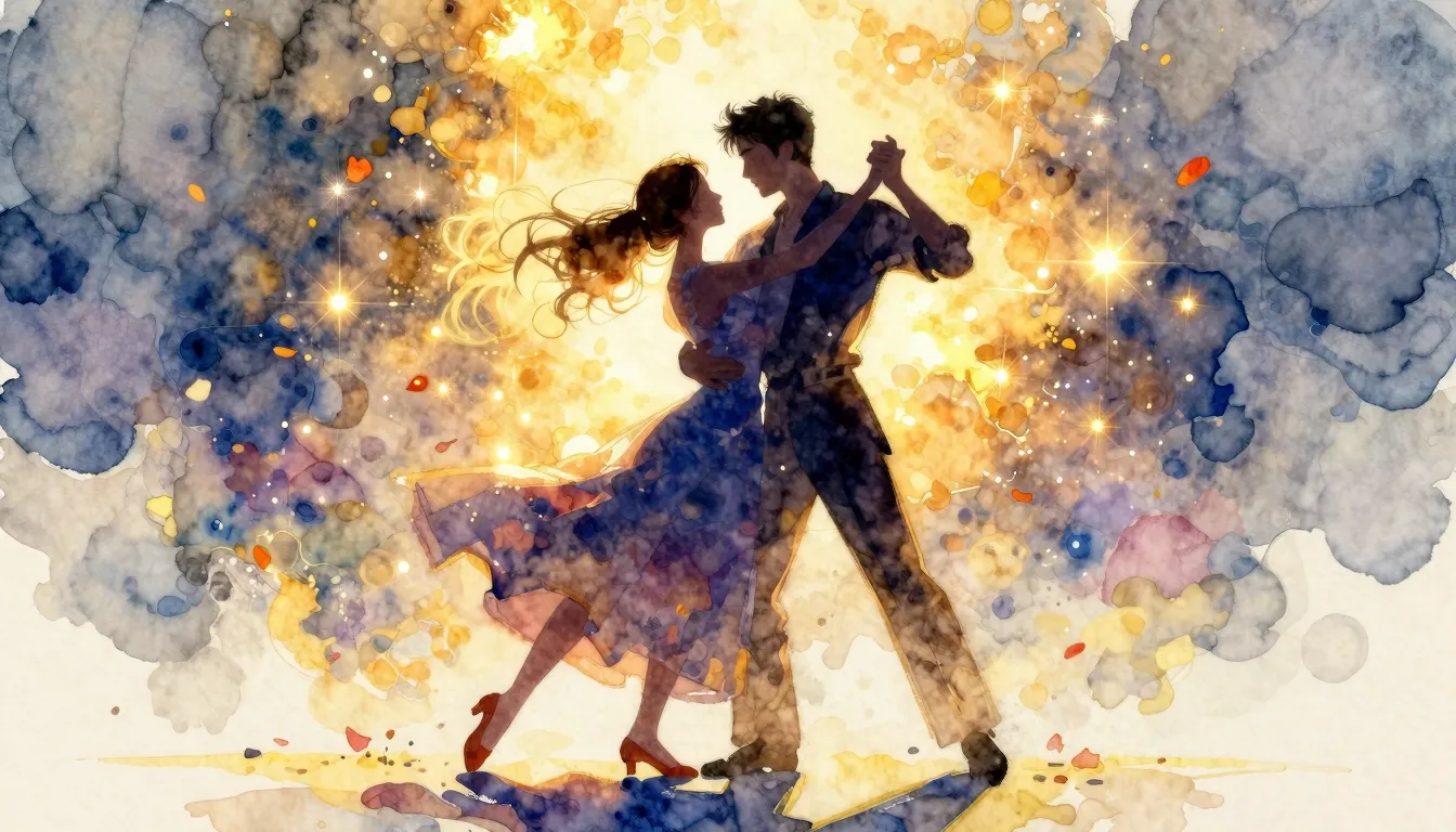 Watercolor style. Silhouettes of a young couple dancing a wa...