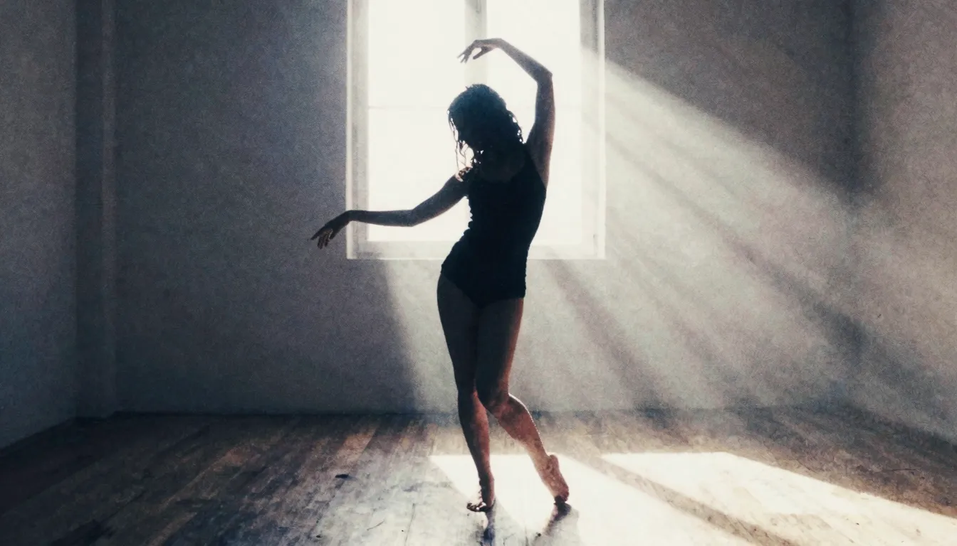 Watercolor style. A dark silhouette of a person dancing in a...