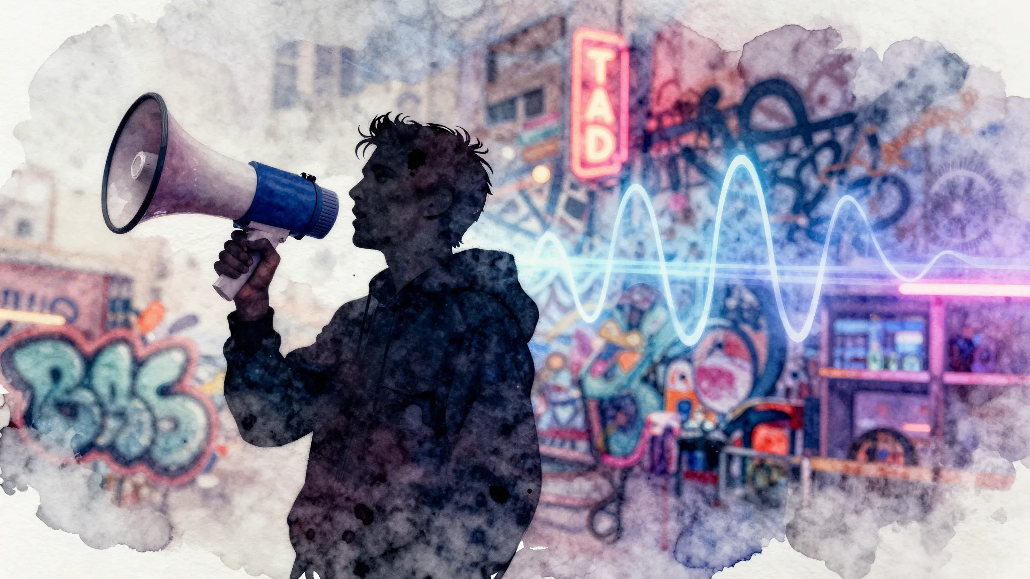 Watercolor style. A dark silhouette of a person with a megap...