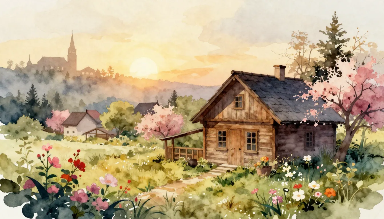 Watercolor style. A peaceful village landscape with a wooden...