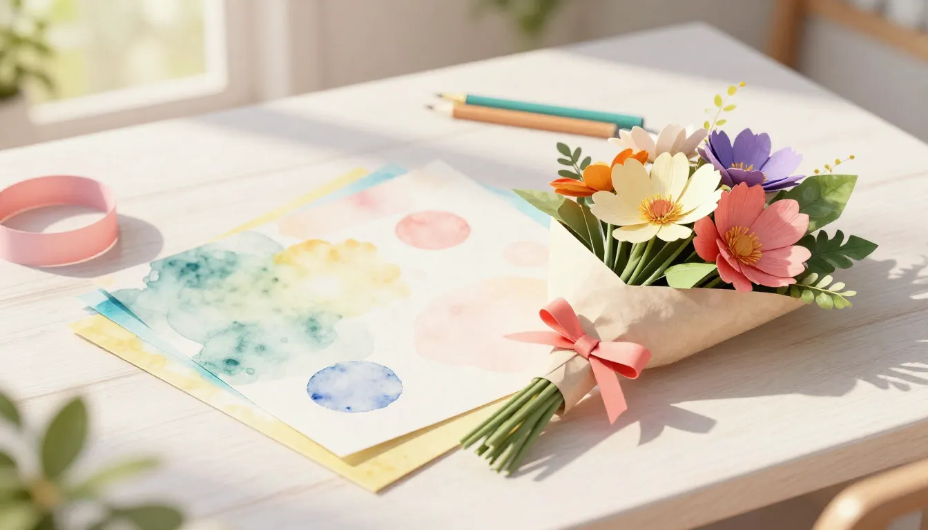 Watercolor style. A bright craft table with colorful paper, ...