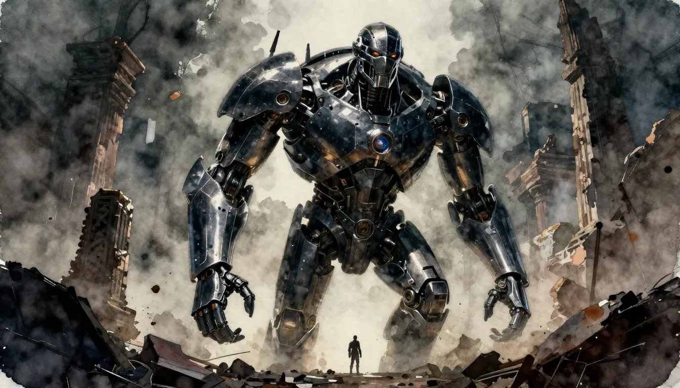 Watercolor style. Cinematic shot of a giant golem made of po...