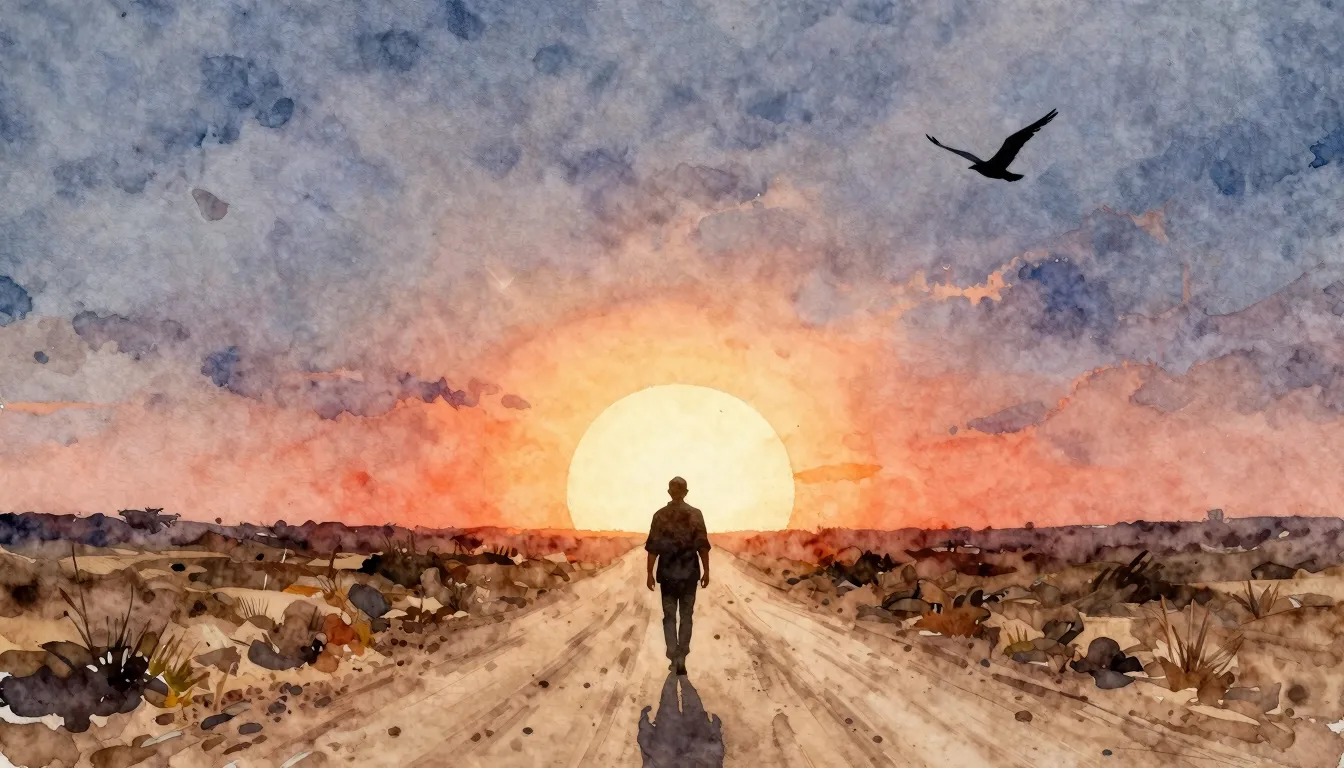 Watercolor style. A lone silhouette of a man walking on a du...