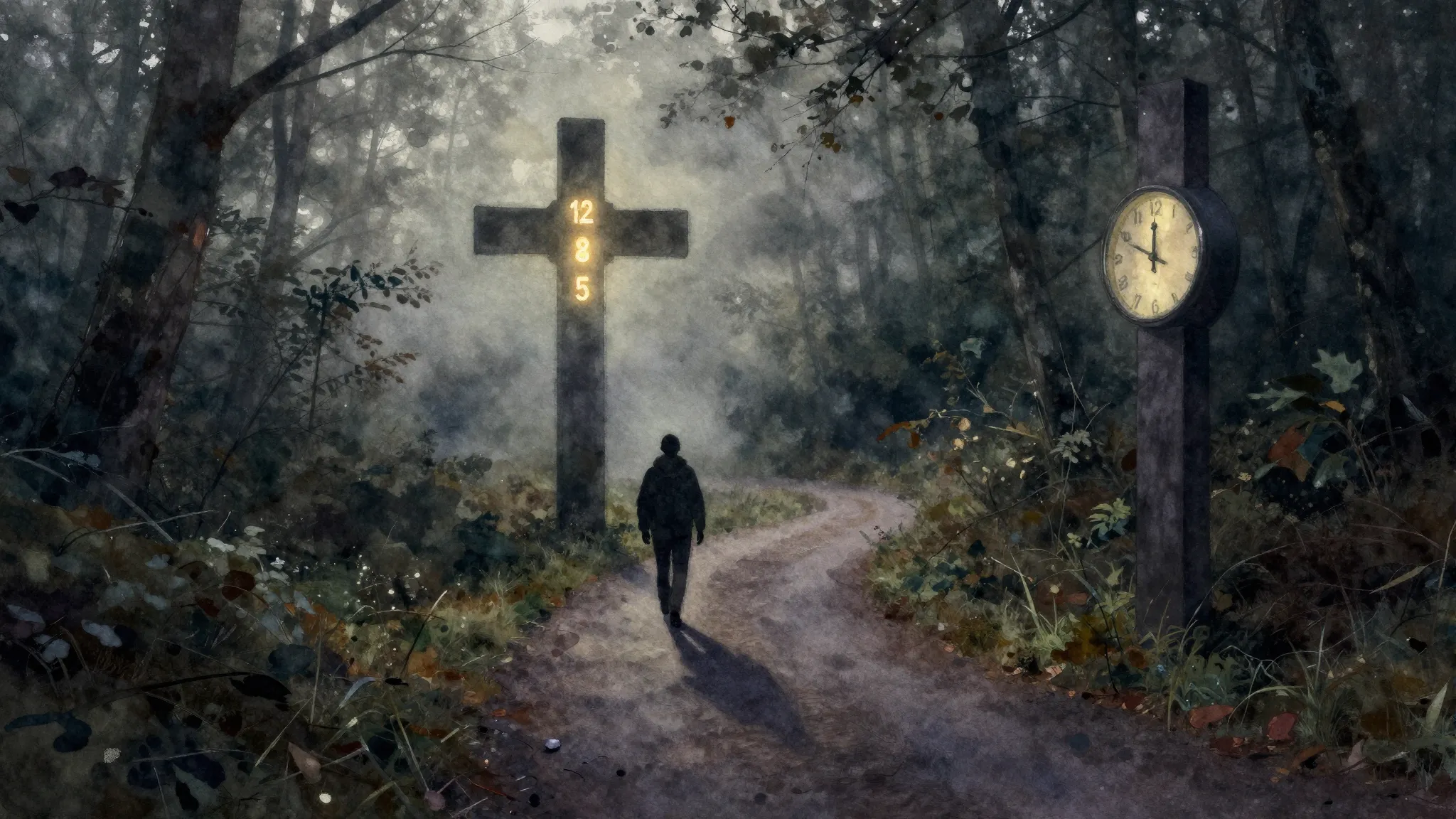 Watercolor style. A dark crossroad with 3 paths in a misty f...