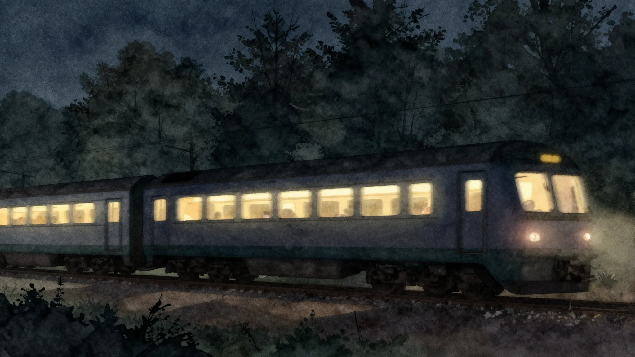 Watercolor style. Silhouette of a train moving through a dar...