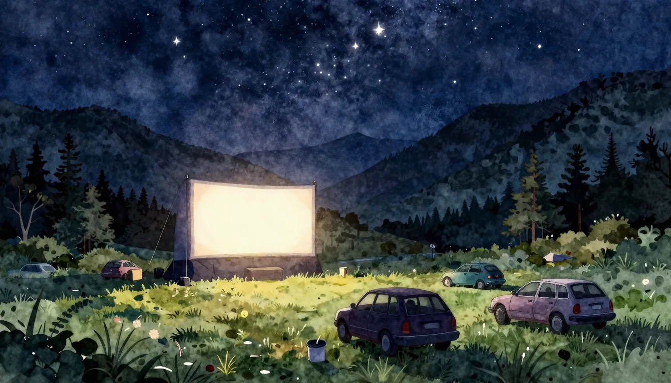 Watercolor style. A cozy drive-in cinema in a scenic mountai...