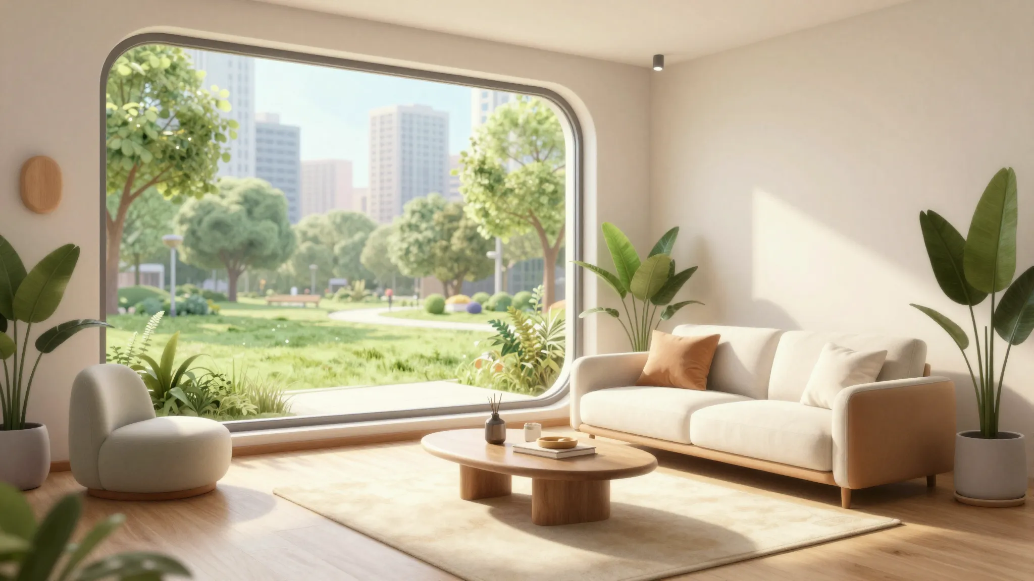 Watercolor style. A futuristic cozy smart-home interior with...
