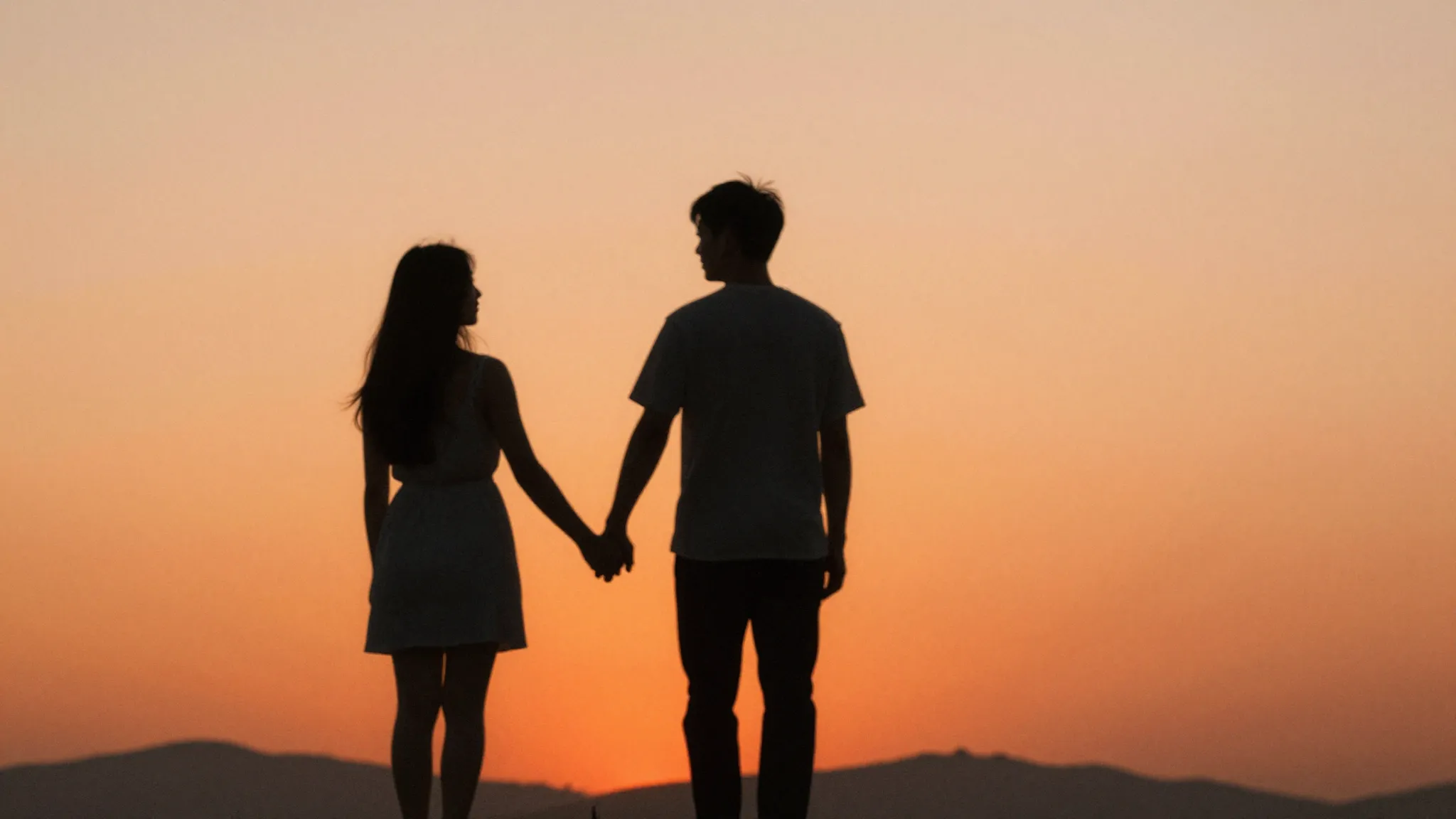 Watercolor style. Minimalist silhouette of a couple holding ...