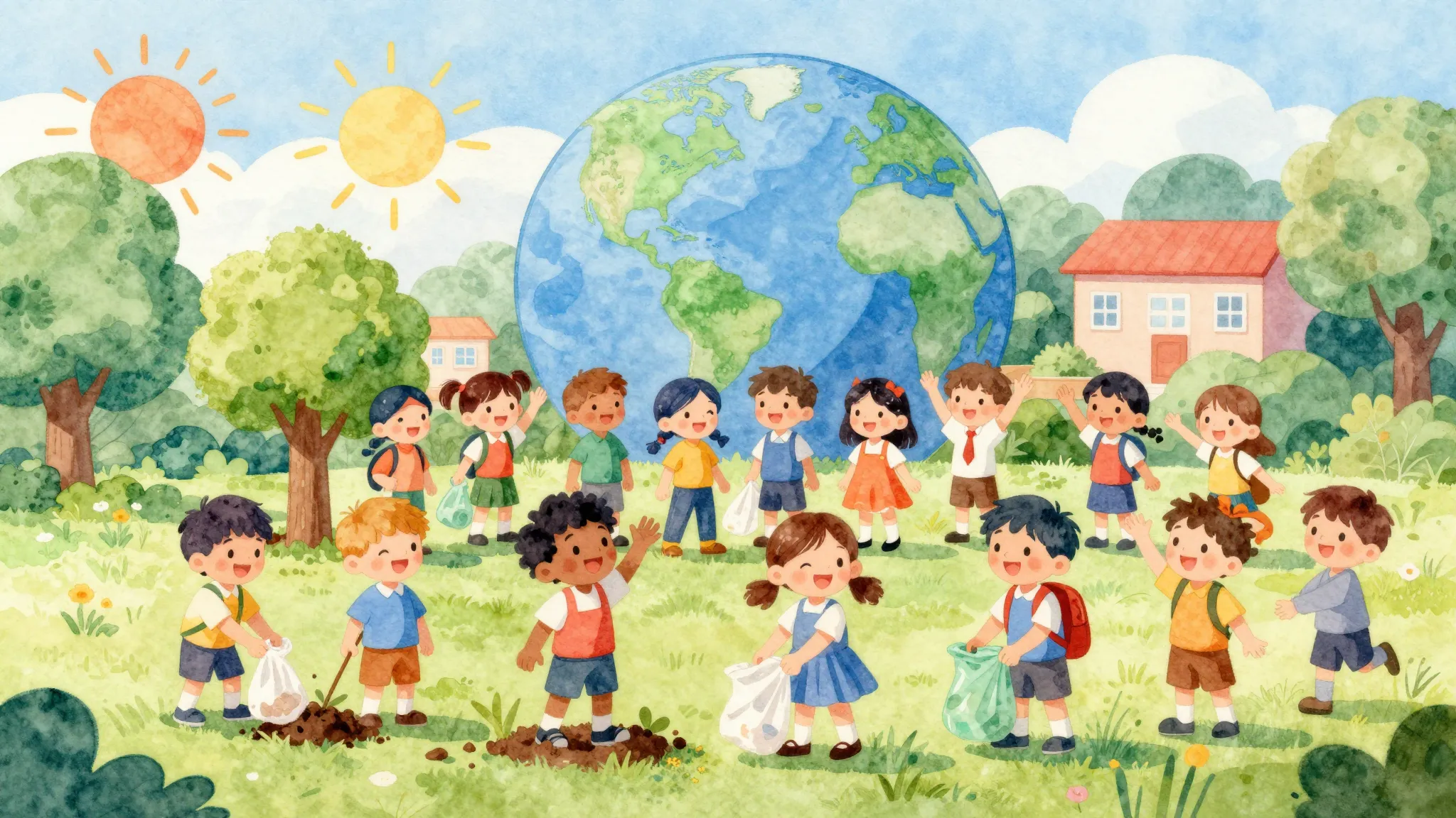 Vibrant watercolor style. Children's choir, bright, cheerful...