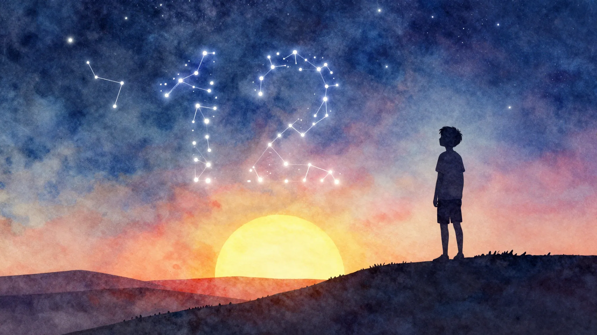 Watercolor style. A silhouette of a boy standing on a hill l...