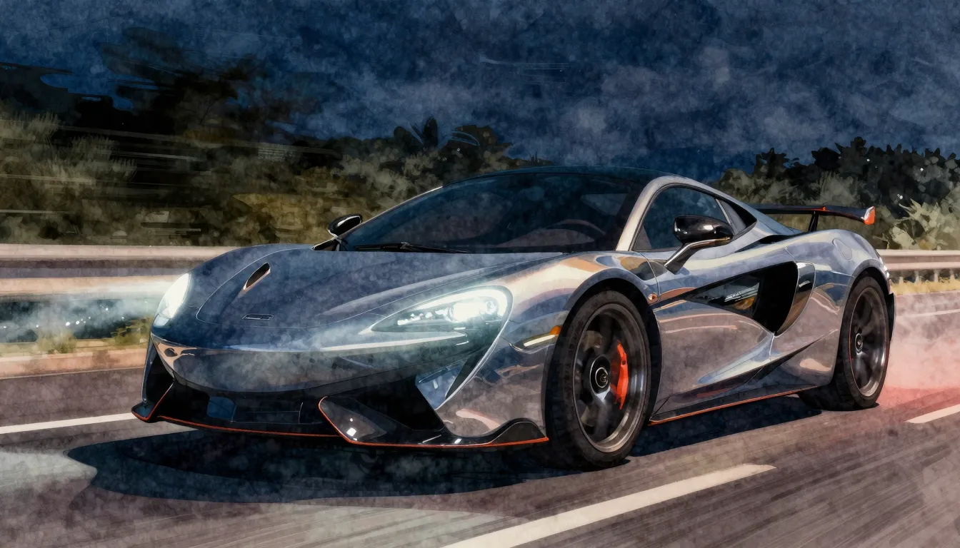 Watercolor style. Silhouette of a sleek sports car speeding ...