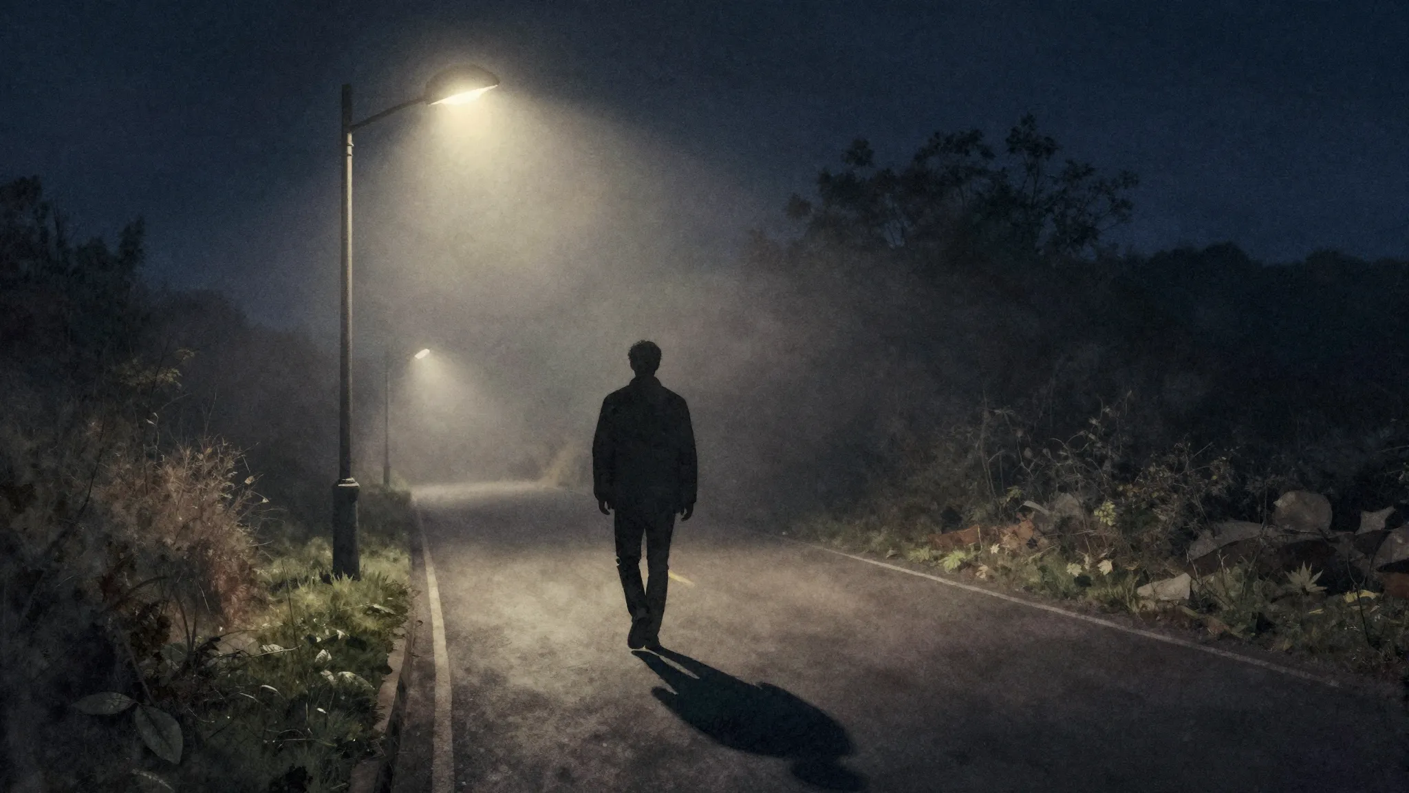 Watercolor style. A lonely silhouette of a man walking down ...