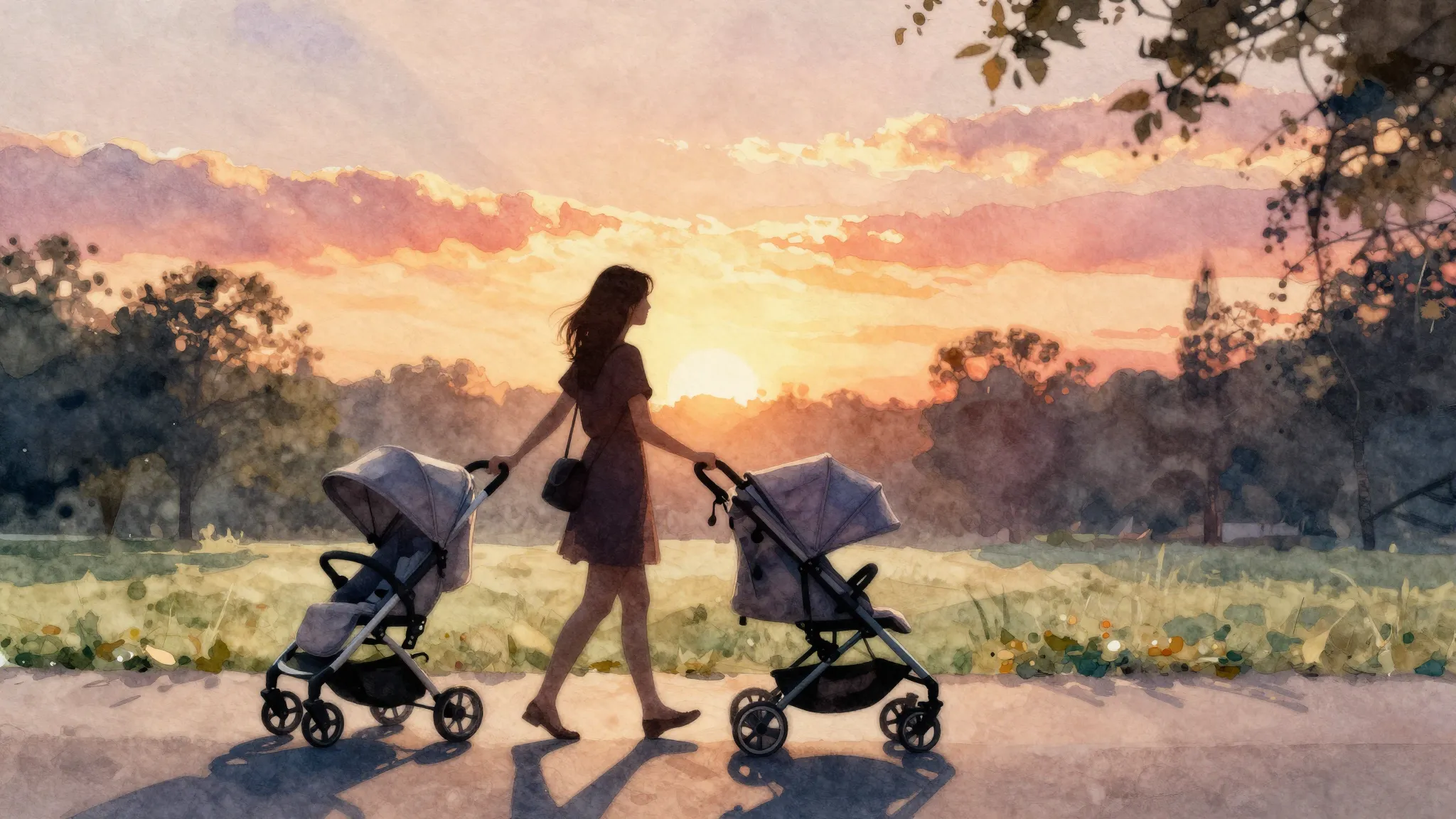 Watercolor style. Two female silhouettes walking in a park w...