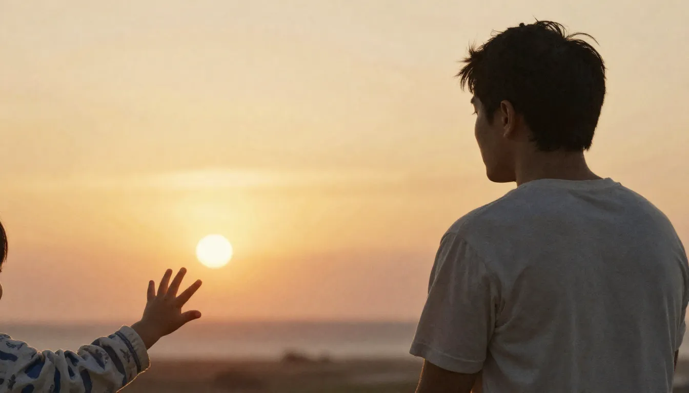 Watercolor style. A silhouette of a man looking at the horiz...