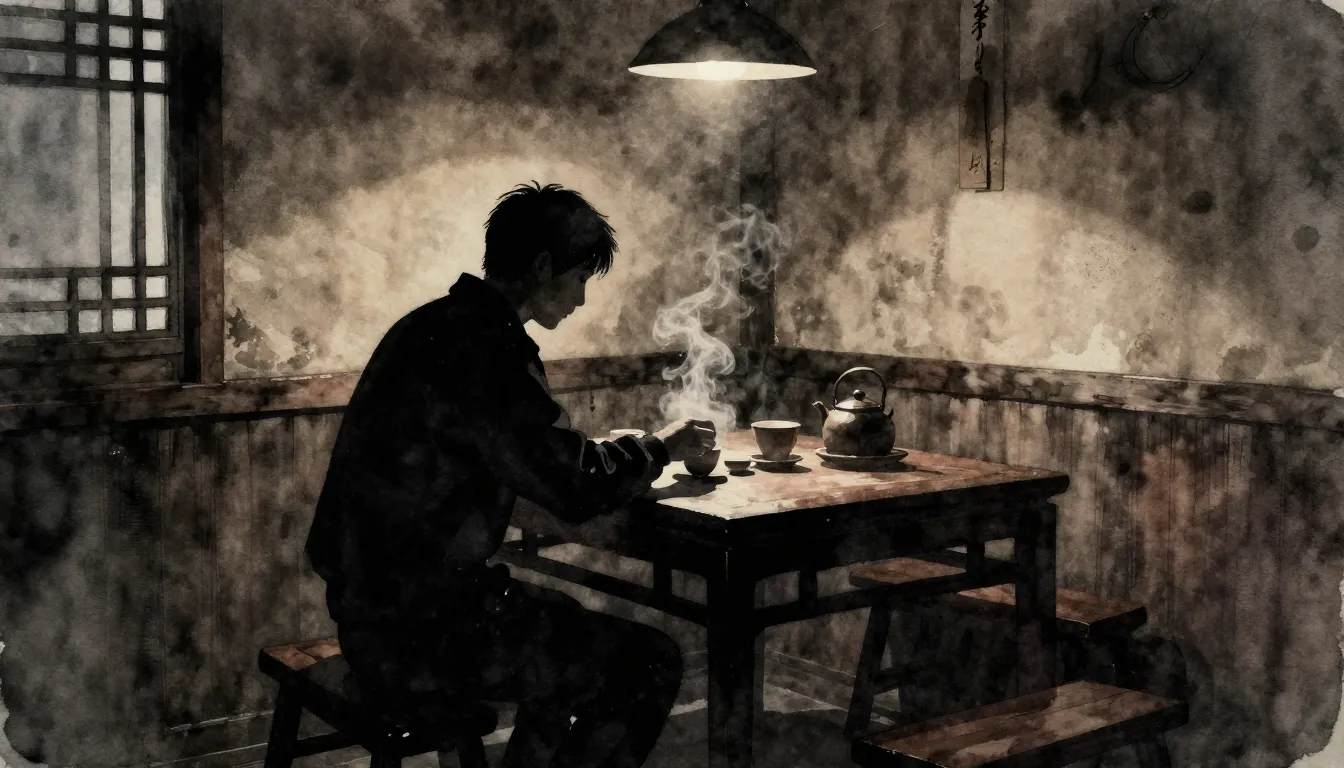 Watercolor style. Dark silhouette of a person sitting at a t...