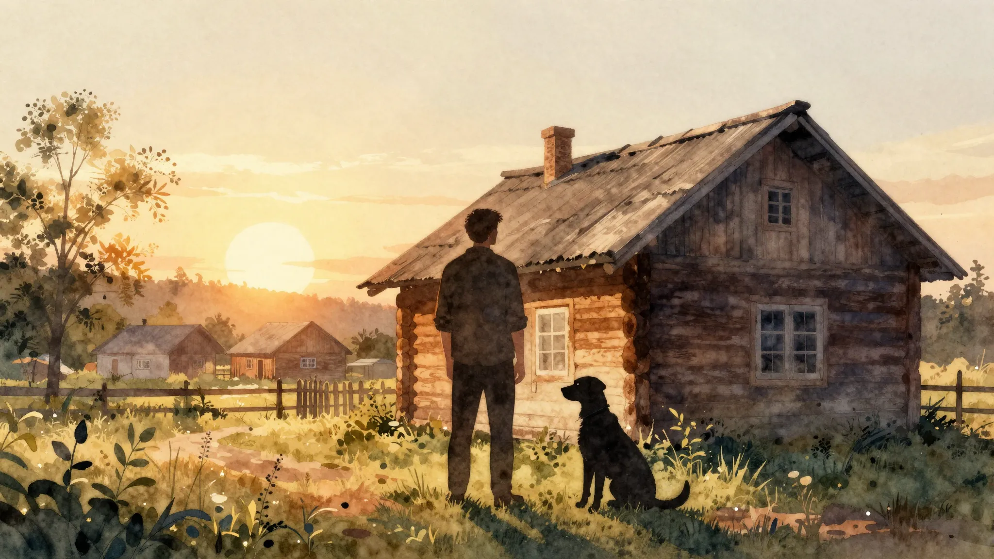 Watercolor style. A silhouette of a man standing next to a l...