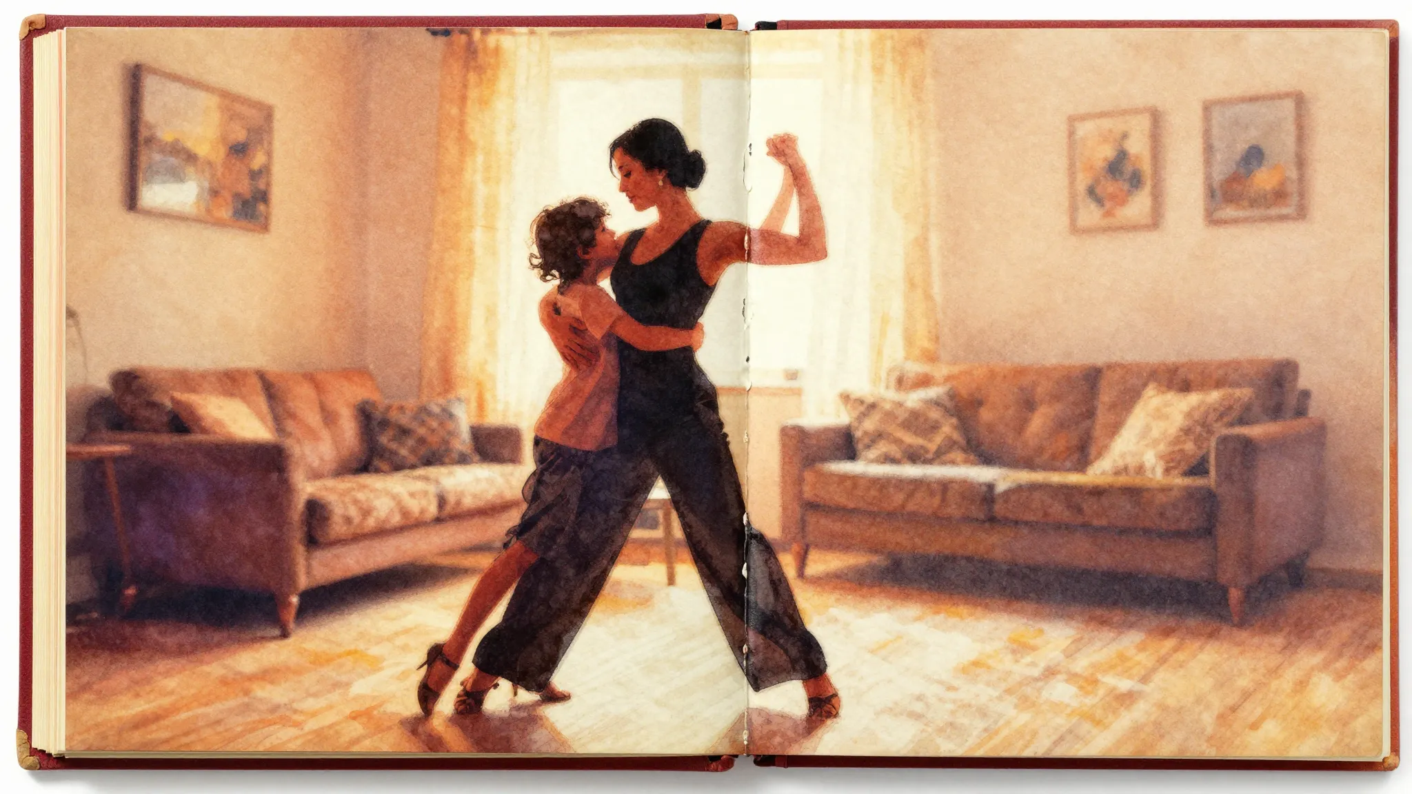 Vibrant watercolor style. Tango album cover, warm colors, si...