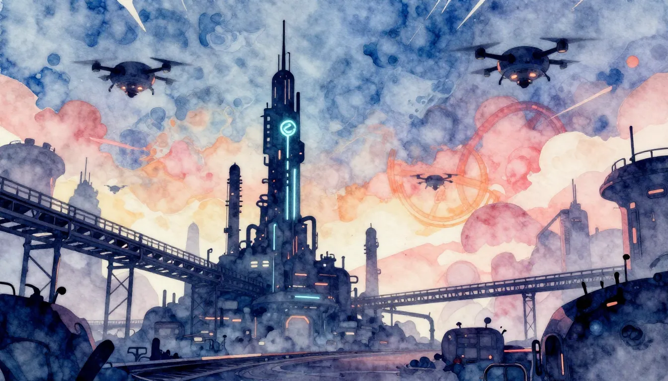 Watercolor style. Futuristic industrial landscape on an alie...