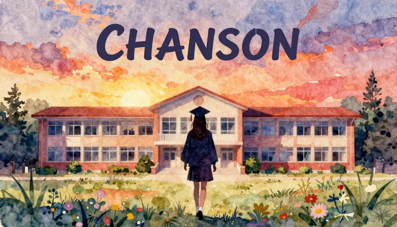 Vibrant watercolor style. Chanson album cover: nostalgic sch...
