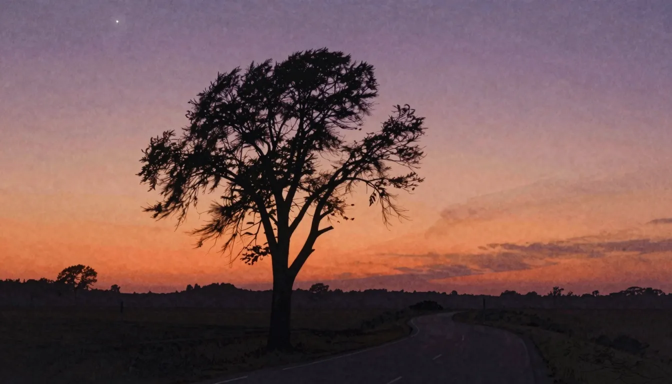 Watercolor style. A lonely poplar tree silhouette stands by ...