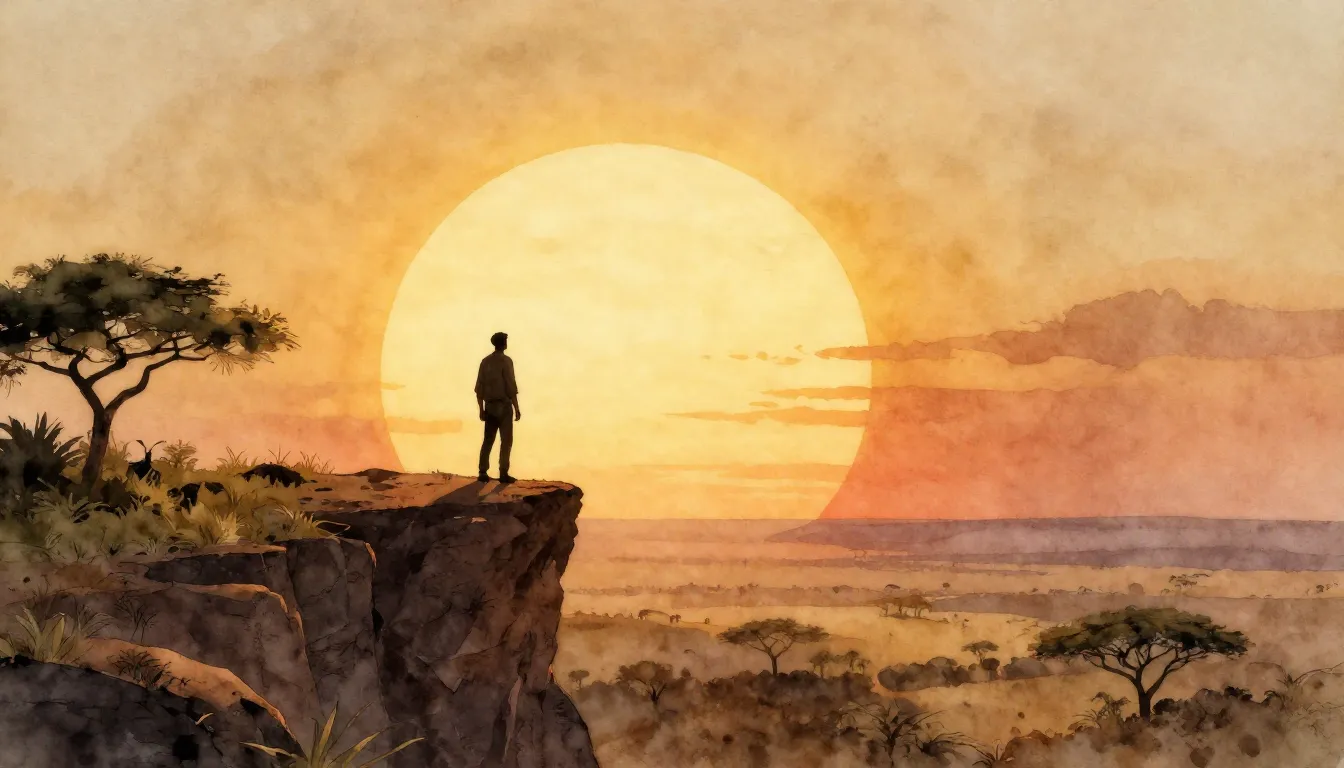 Watercolor style. A silhouette of a figure standing on a hig...