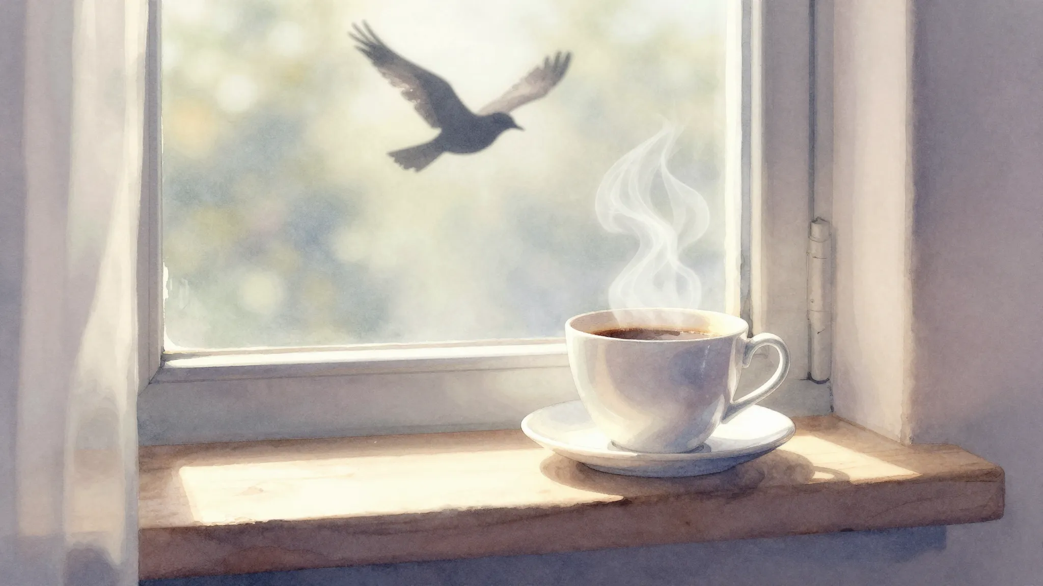 Watercolor style. A bright morning scene with a cup of coffe...