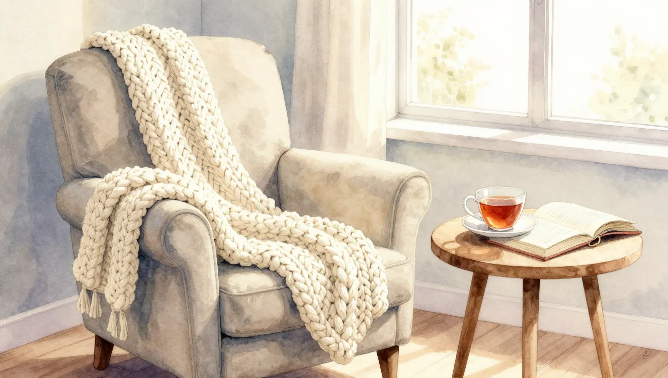 Watercolor style. A cozy armchair with a knitted blanket, a ...