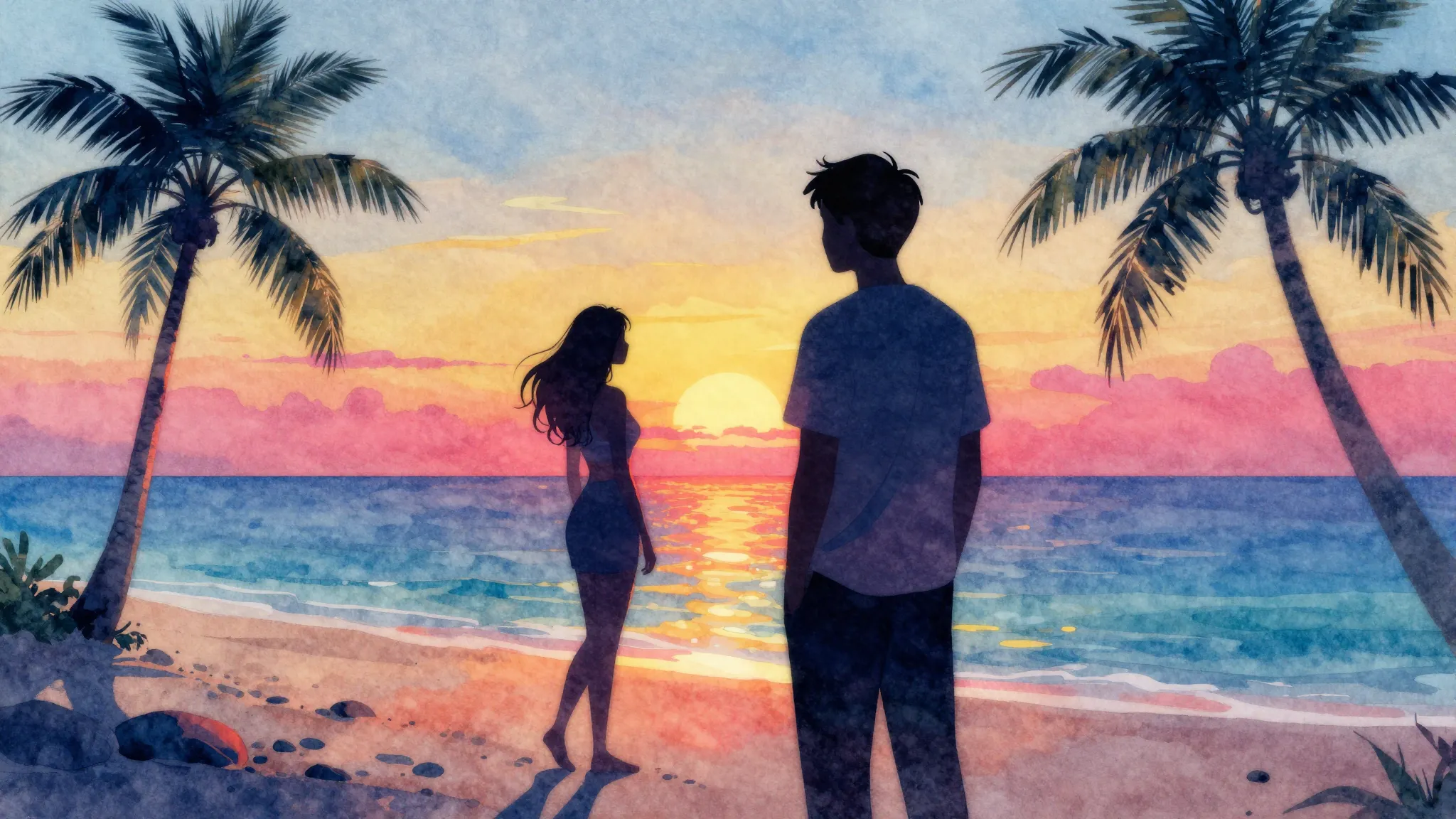 Watercolor style. Silhouette of a man looking at a silhouett...