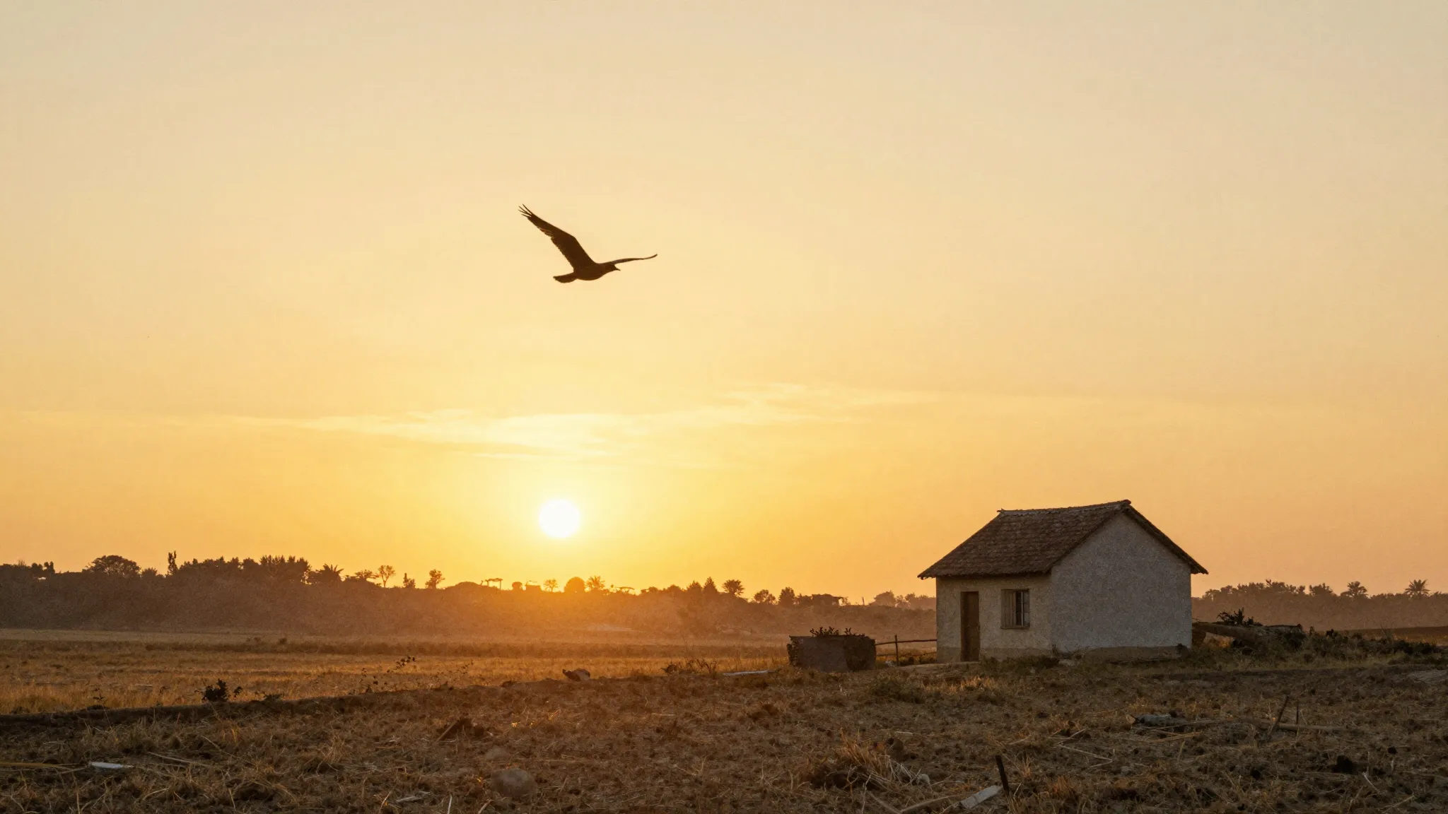 Watercolor style. A serene sunset over a rural landscape, a ...