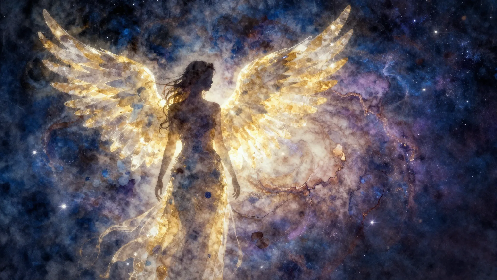 Watercolor style. A silhouette of a woman with ethereal wing...