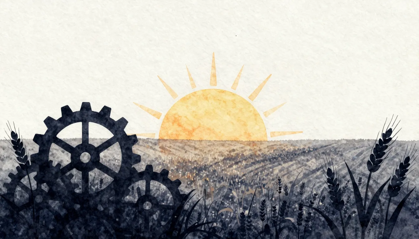 Watercolor style. Silhouette of a rising sun over vast field...