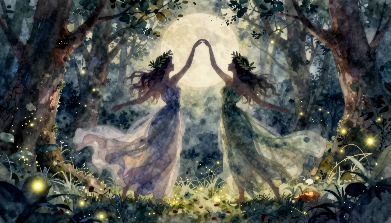 Watercolor style. Two ethereal female silhouettes in flowing...