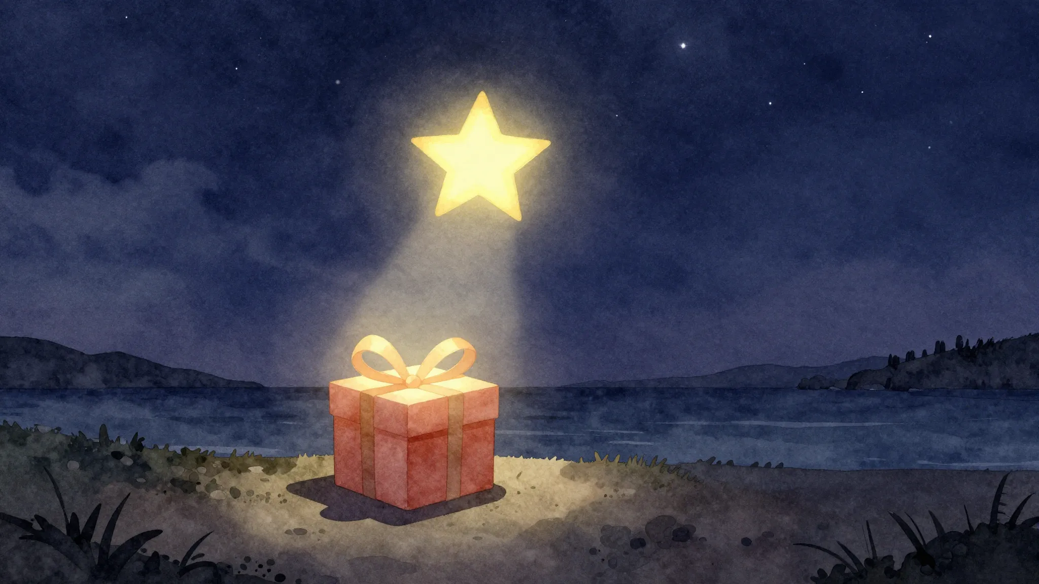 Watercolor style. A warm glowing star in a night sky over a ...