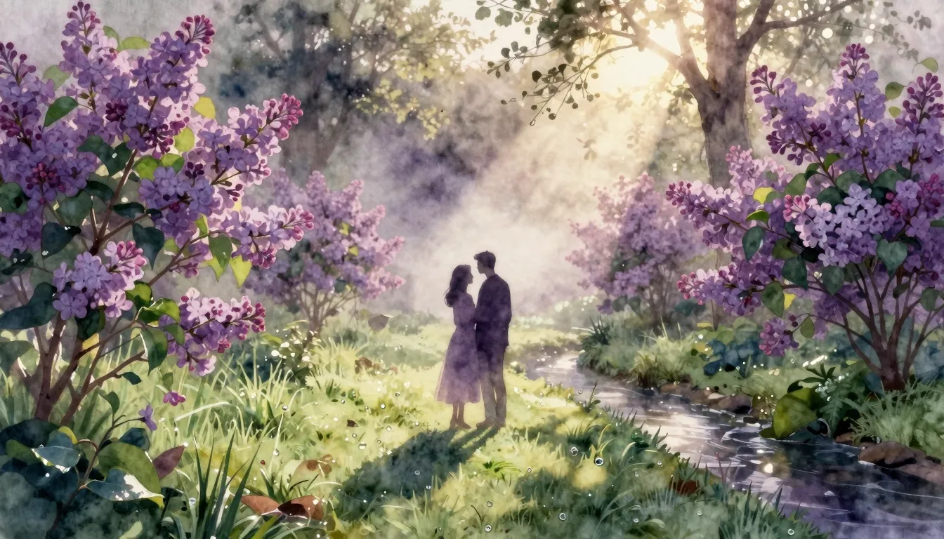 Watercolor style. A silhouette of a couple in a lush summer ...