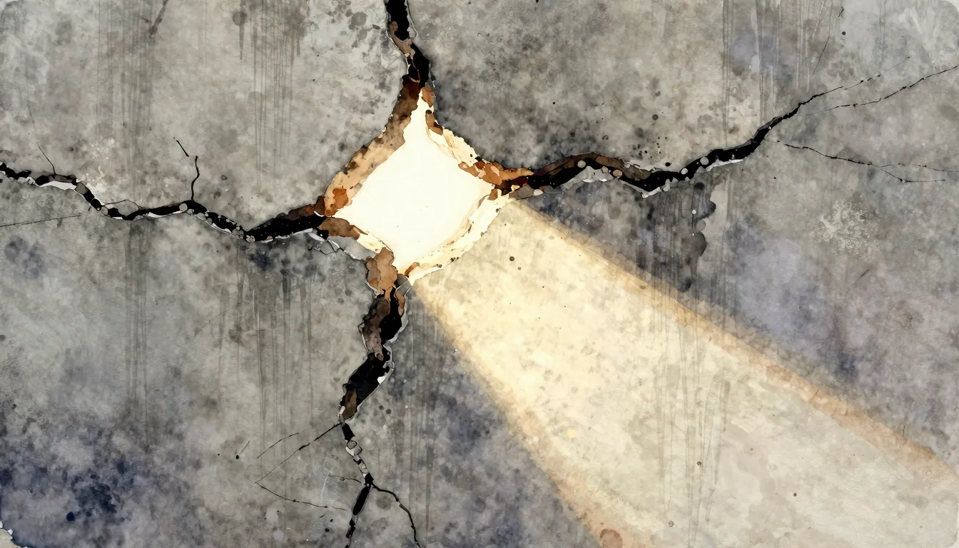 Watercolor style. A close-up shot of a cracked concrete wall...