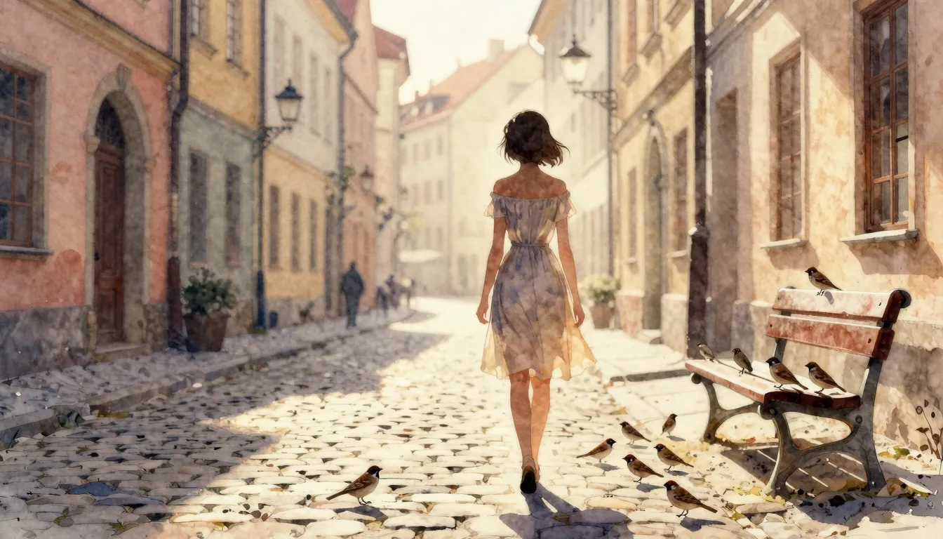 Watercolor style. A silhouette of a girl in a light dress wi...