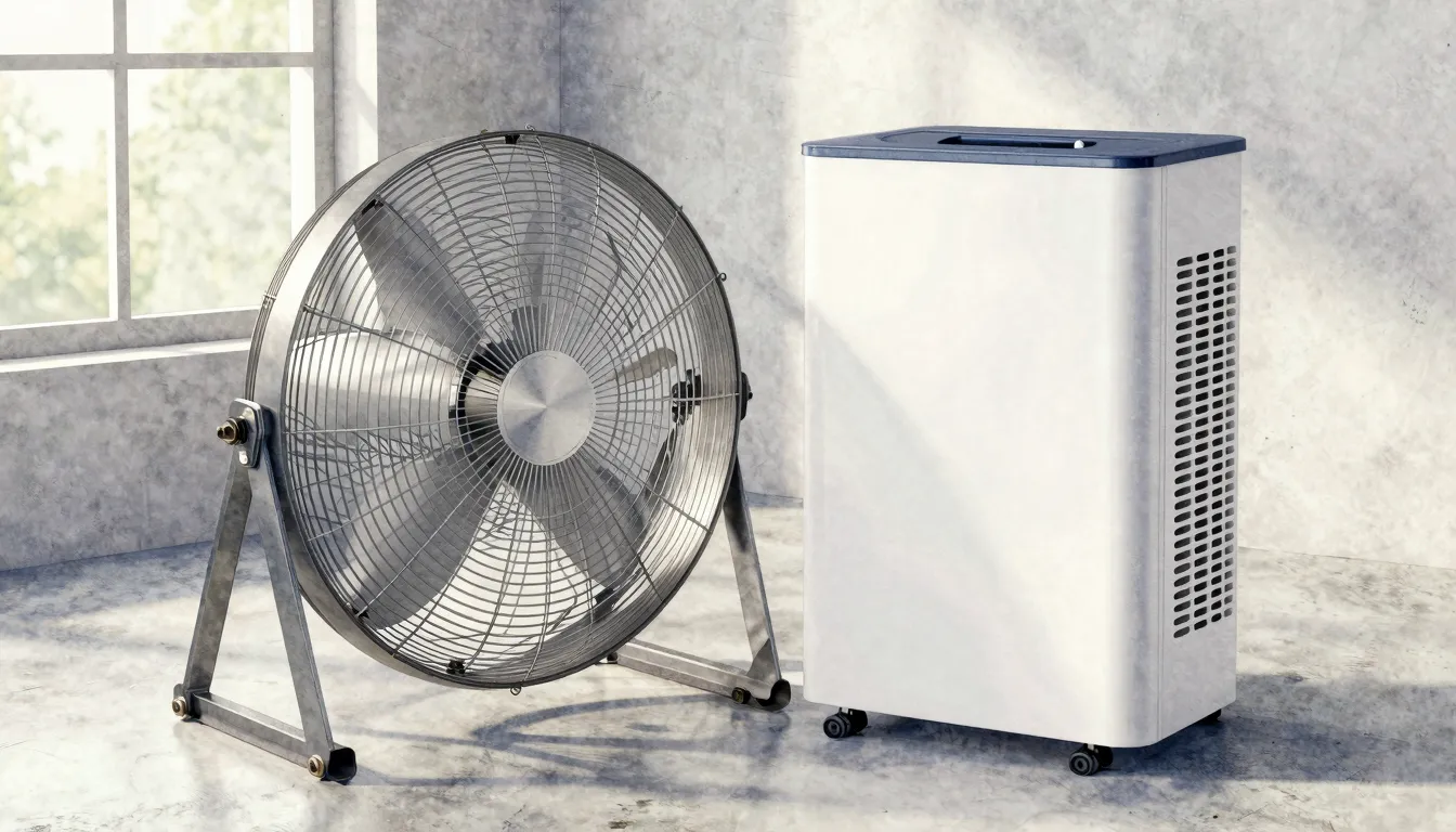 Watercolor style. A powerful industrial fan and a dehumidifi...