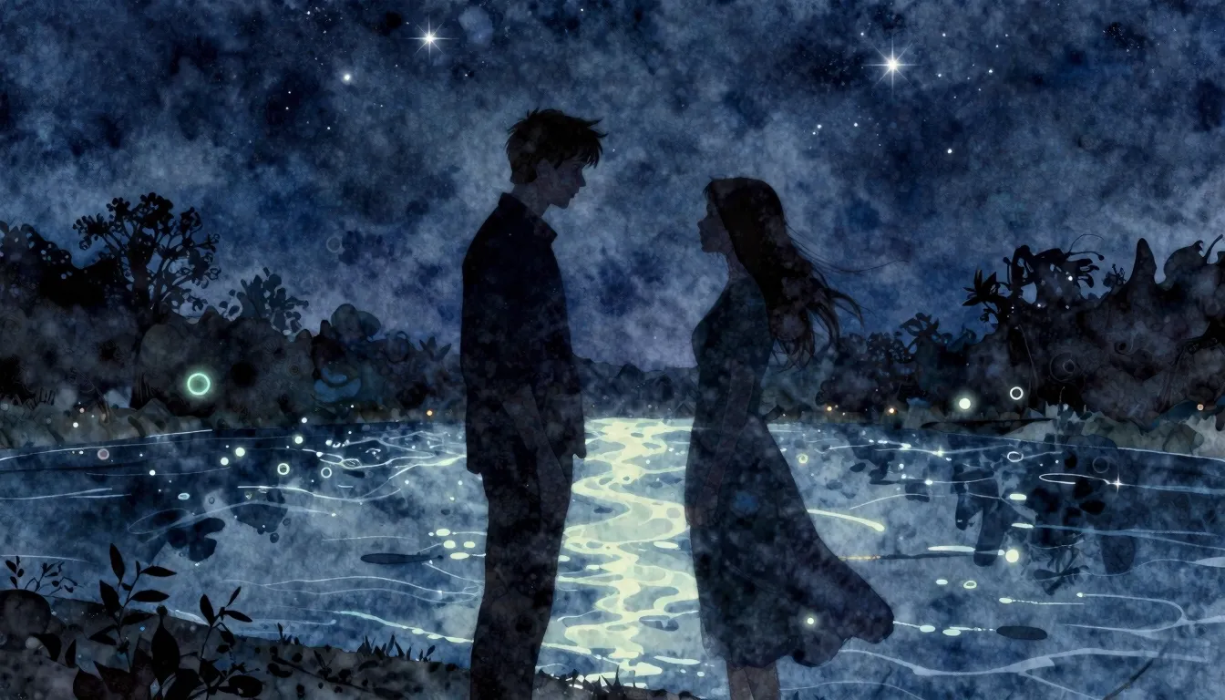 Watercolor style. Silhouette of two lovers separated by a gl...