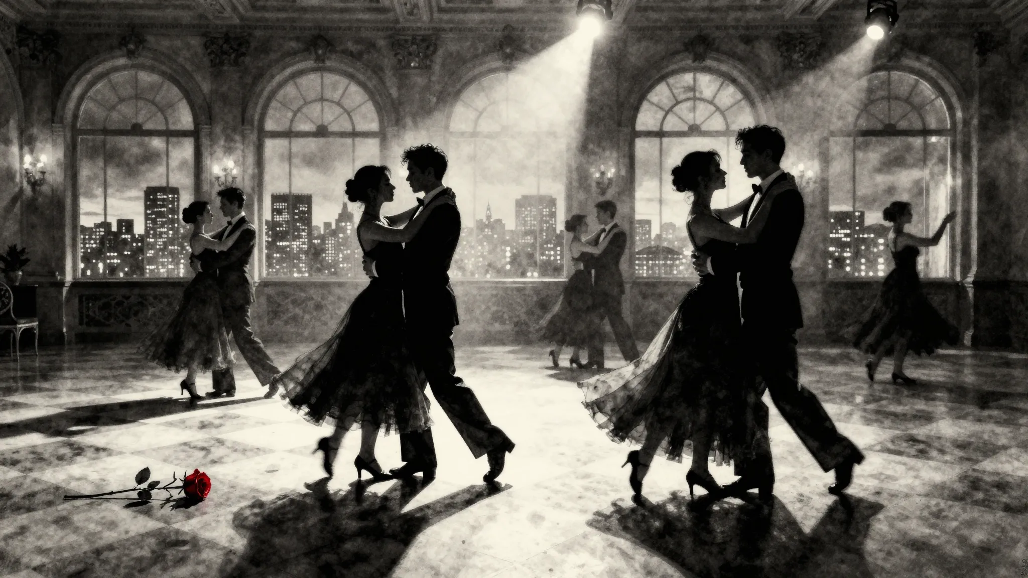 Watercolor style. A grand ballroom with a checkered floor, s...