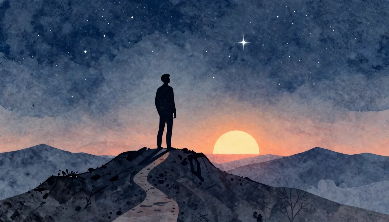 Watercolor style. A silhouette of a man stands on a mountain...