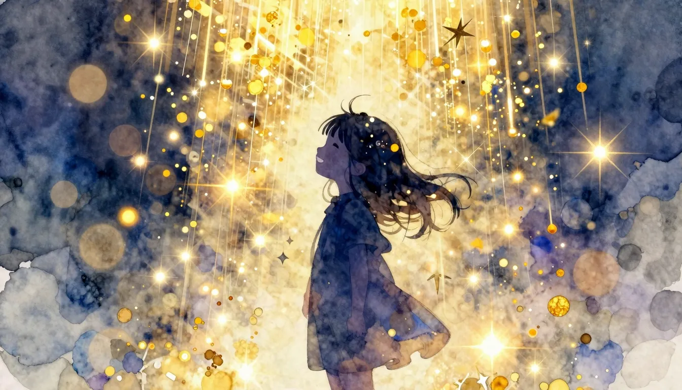 Watercolor style. A silhouette of a happy girl standing unde...