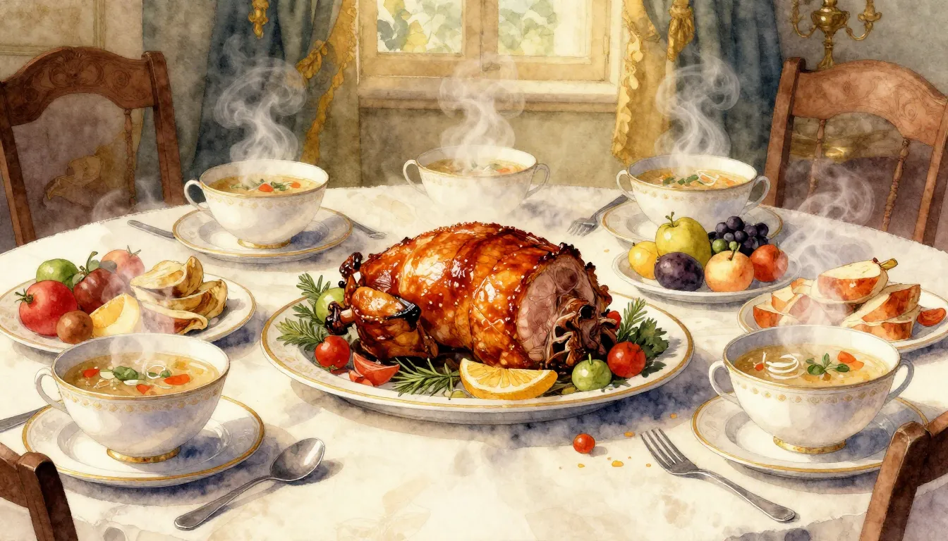 Watercolor style. A lavish banquet table filled with roasted...