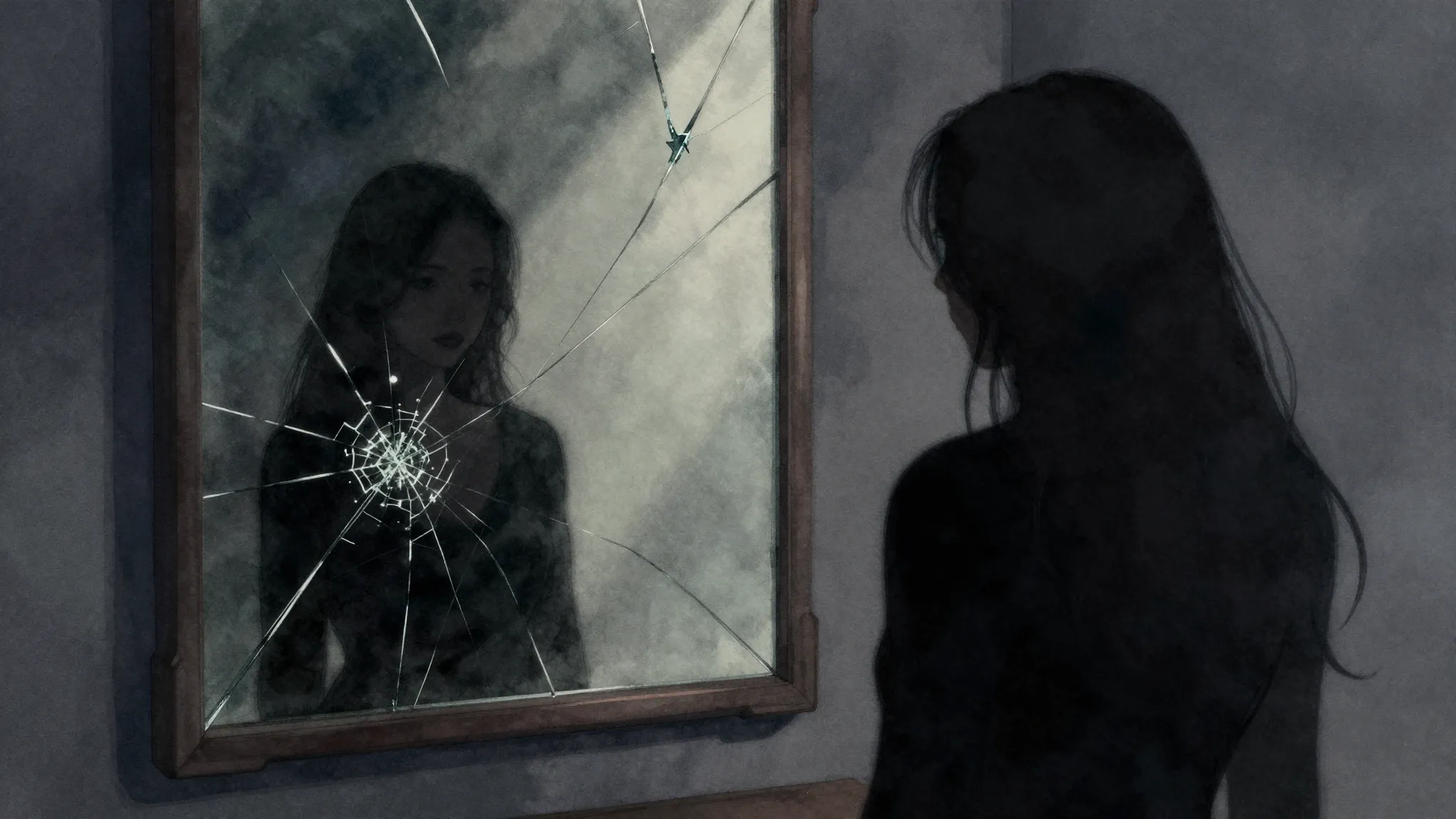 Watercolor style. Silhouette of a woman looking at a cracked...