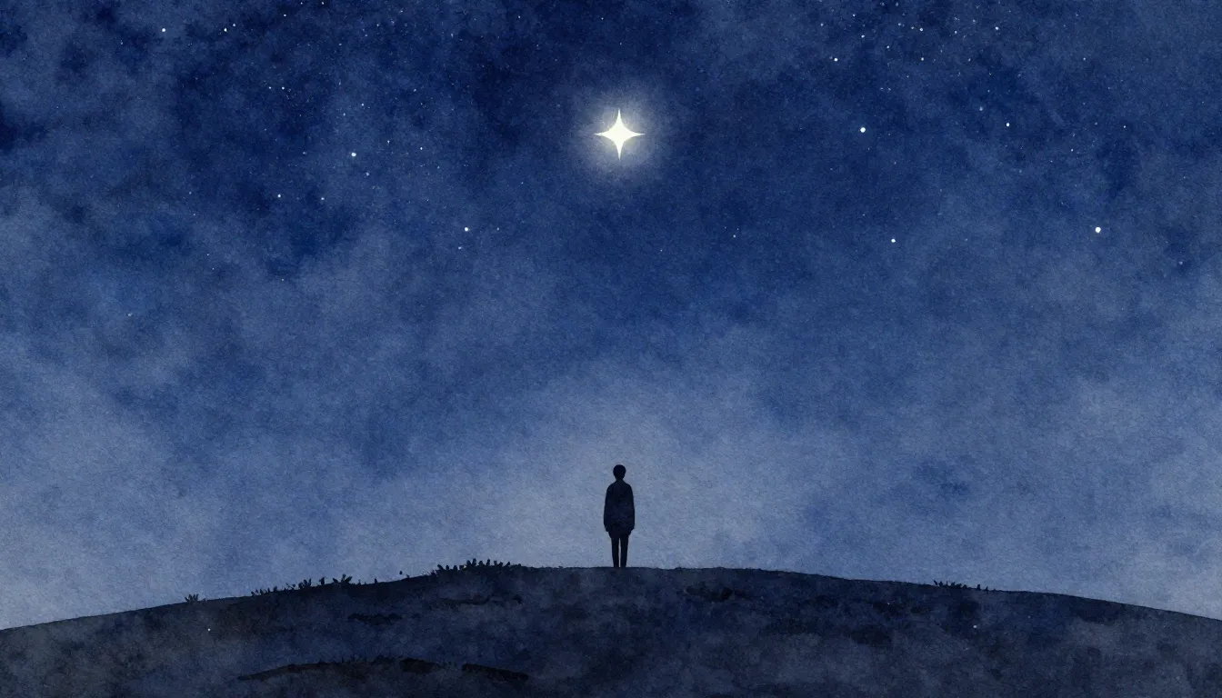 Watercolor style. A lonely silhouette standing on a hill und...